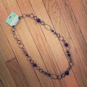 Long necklace copper finish, brown & green beads